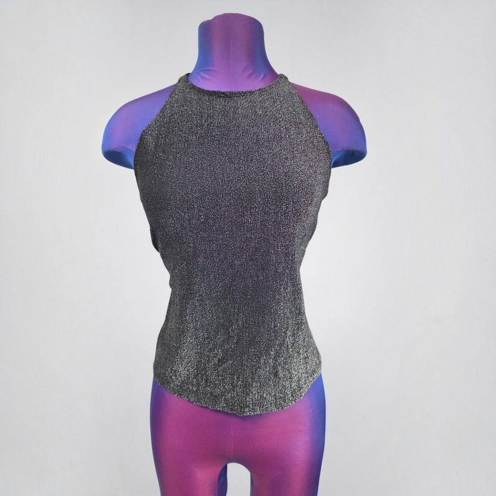 Vintage Eye Candy Silver Metallic Glitter Halter Top Open Back Y2K Medium USA
